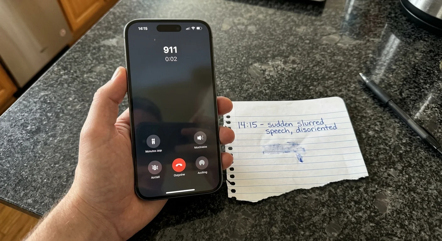 A close-up photograph of a smartphone calling 911 next to a handwritten note detailing the time and symptoms of sudden confusion.