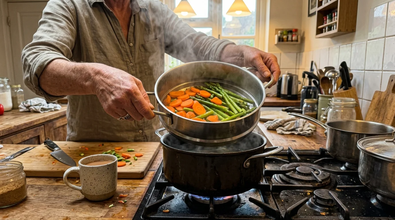 A close-up photograph of hands lifting a steamer basket of carrots and asparagus from a pot on a home stove.