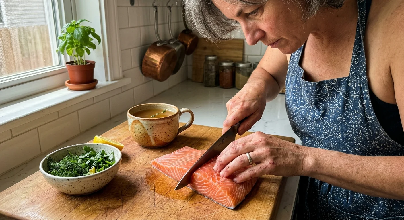 A close-up shot of hands slicing fresh salmon on a wooden cutting board next to a cup of warm bone broth in a sunny kitchen.