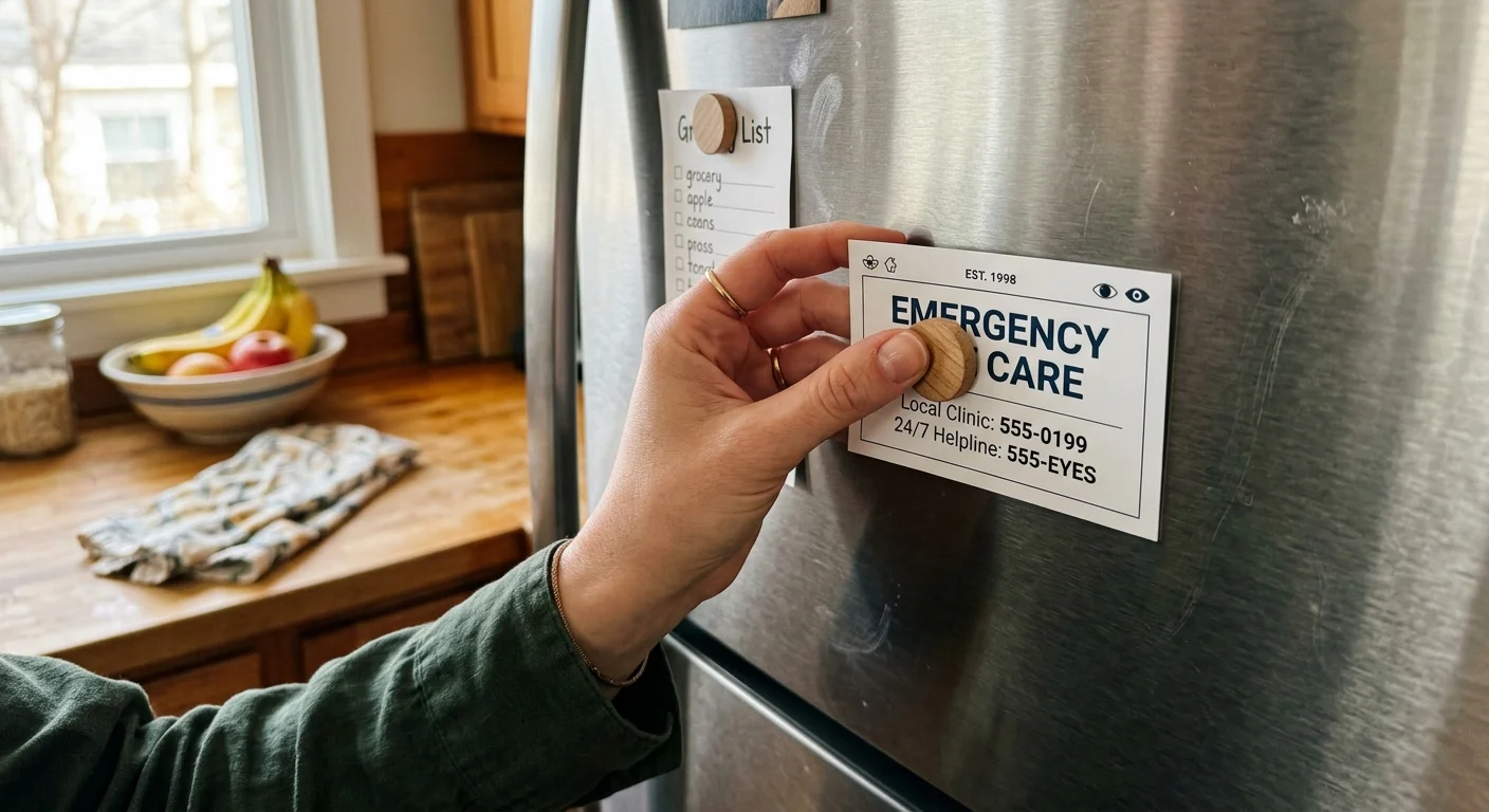 A close-up snapshot of a hand pinning an emergency eye clinic card to a refrigerator using a simple wooden magnet.