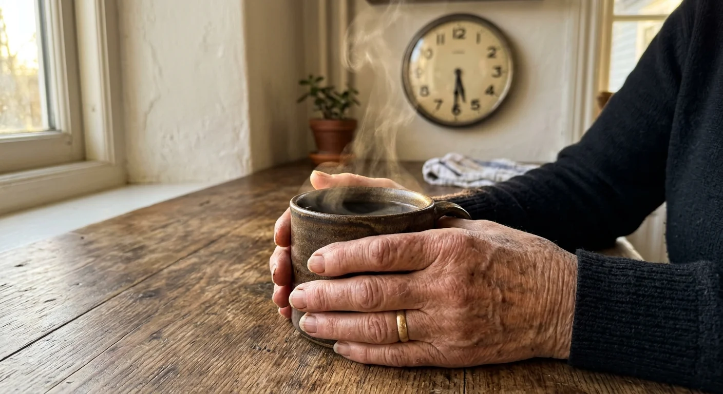 A close-up snapshot of a person's hands holding a hot mug of coffee at a wooden table early in the morning.