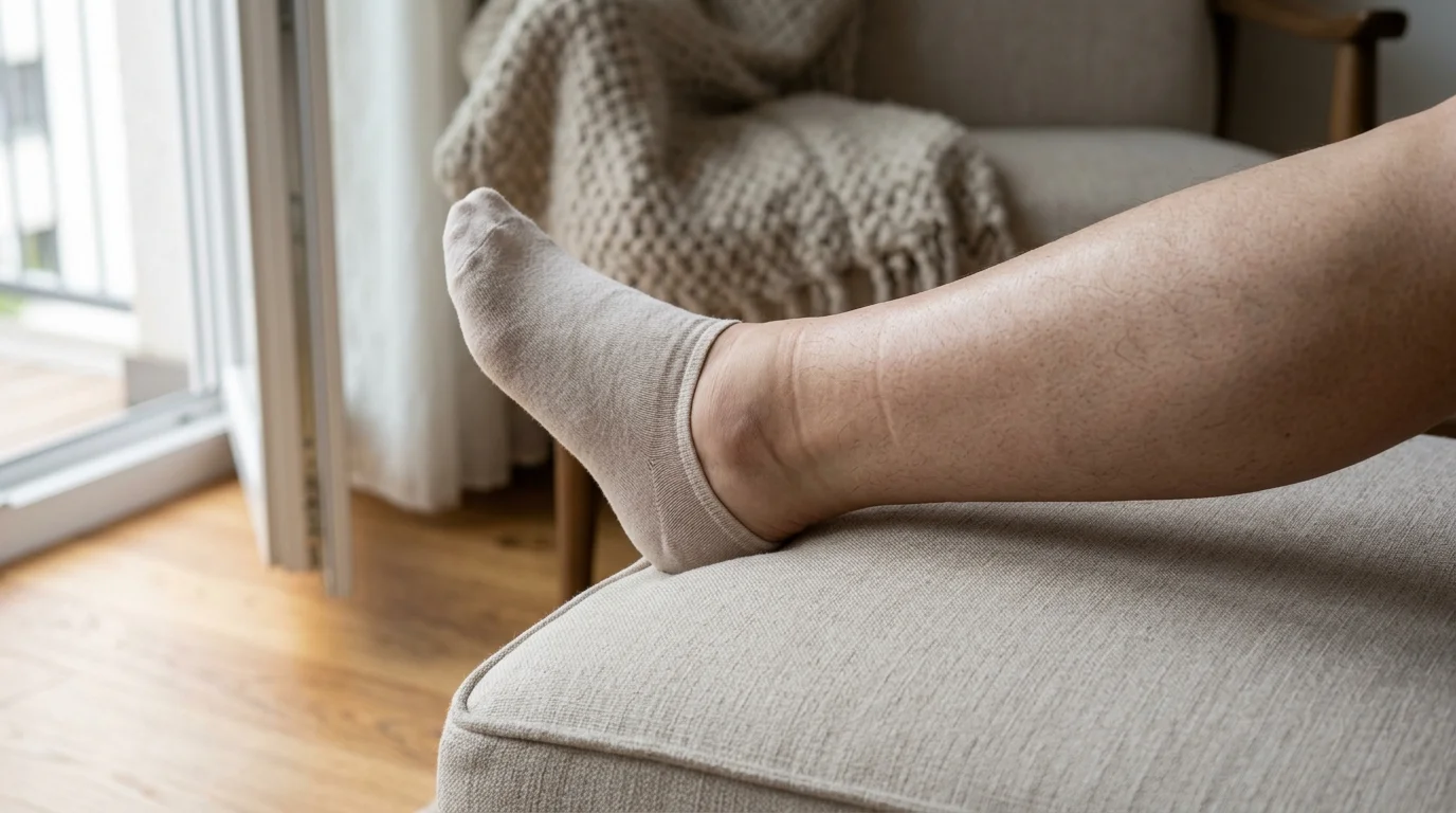 A person rests a swollen lower leg and foot wearing a beige ankle sock on an upholstered cushion.