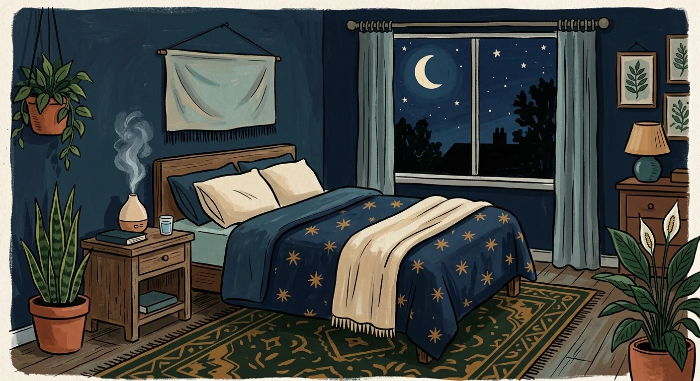 A cozy, tranquil bedroom illustration with a star-patterned bed, indoor plants, and a humidifier under a starry night sky.