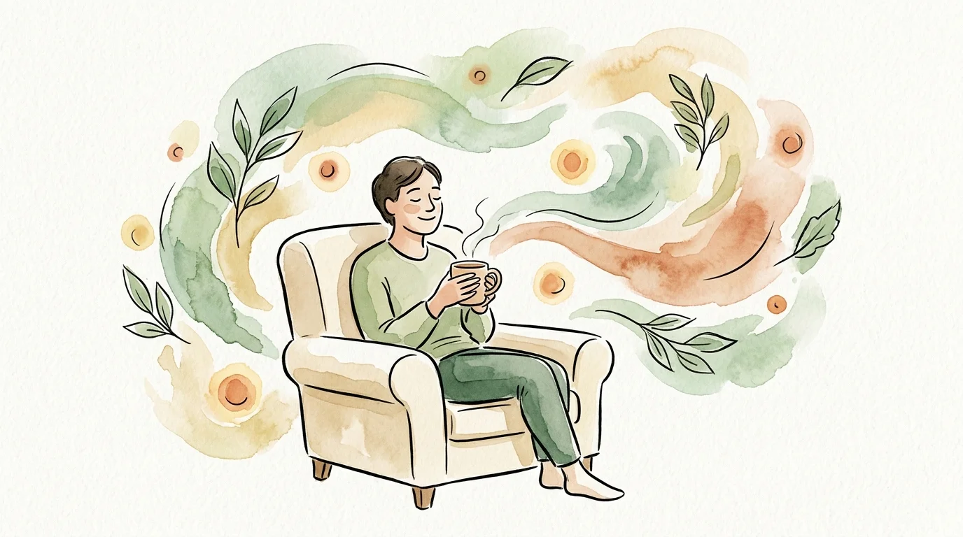 A cozy watercolor illustration of a relaxed person sitting in an armchair with a warm mug, surrounded by gentle green botanical swirls.