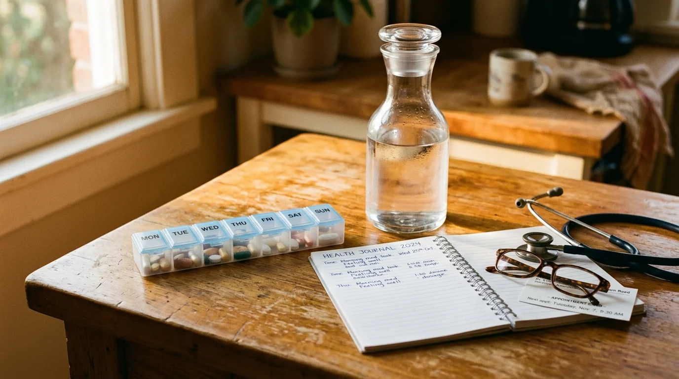 Pill organizer, glass water bottle, health journal, eyeglasses, and a stethoscope on a rustic wooden table.