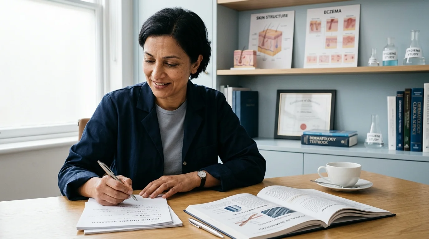 A smiling woman writes at a desk beside open medical books in an office with dermatology charts on the wall.