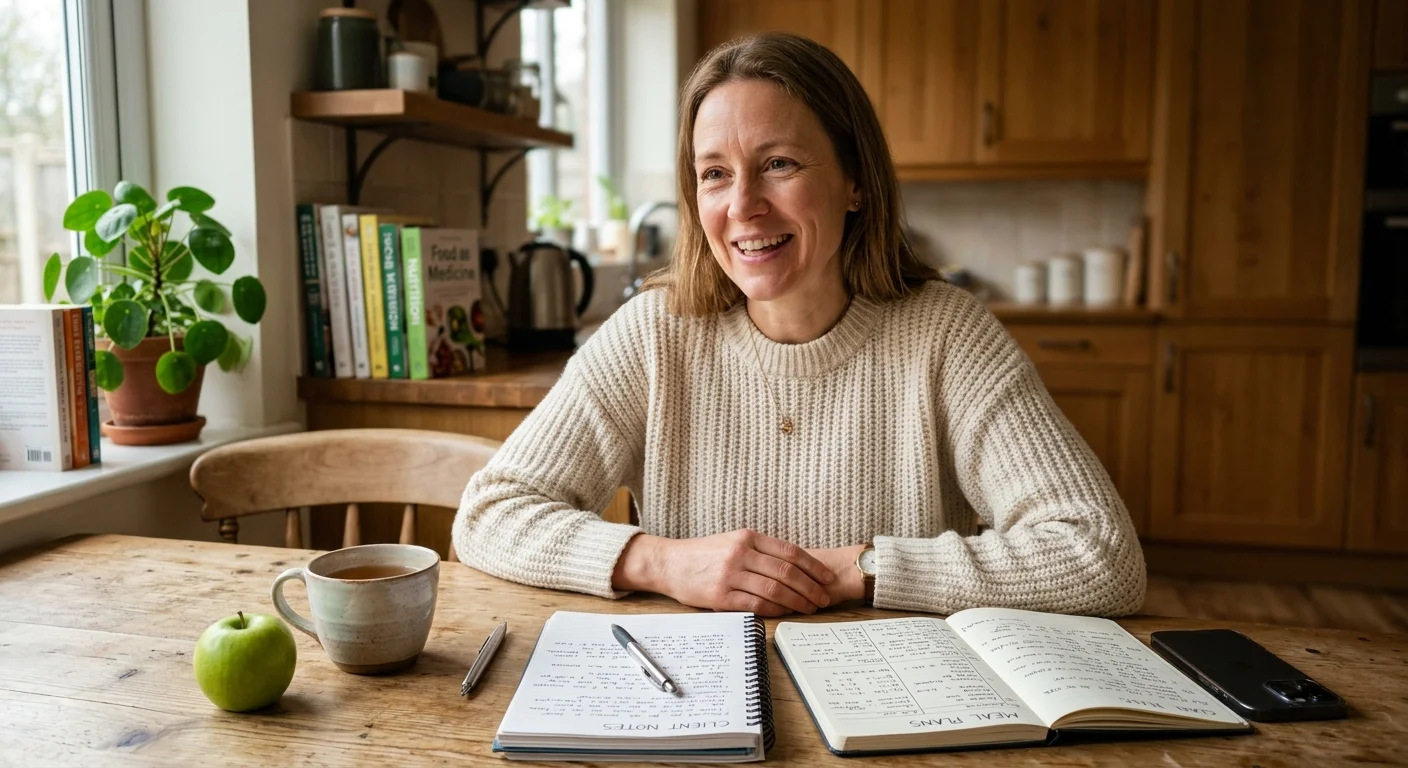 A dietitian in a cozy home kitchen sitting at a table with notebooks and a mug, speaking warmly to someone off-camera.