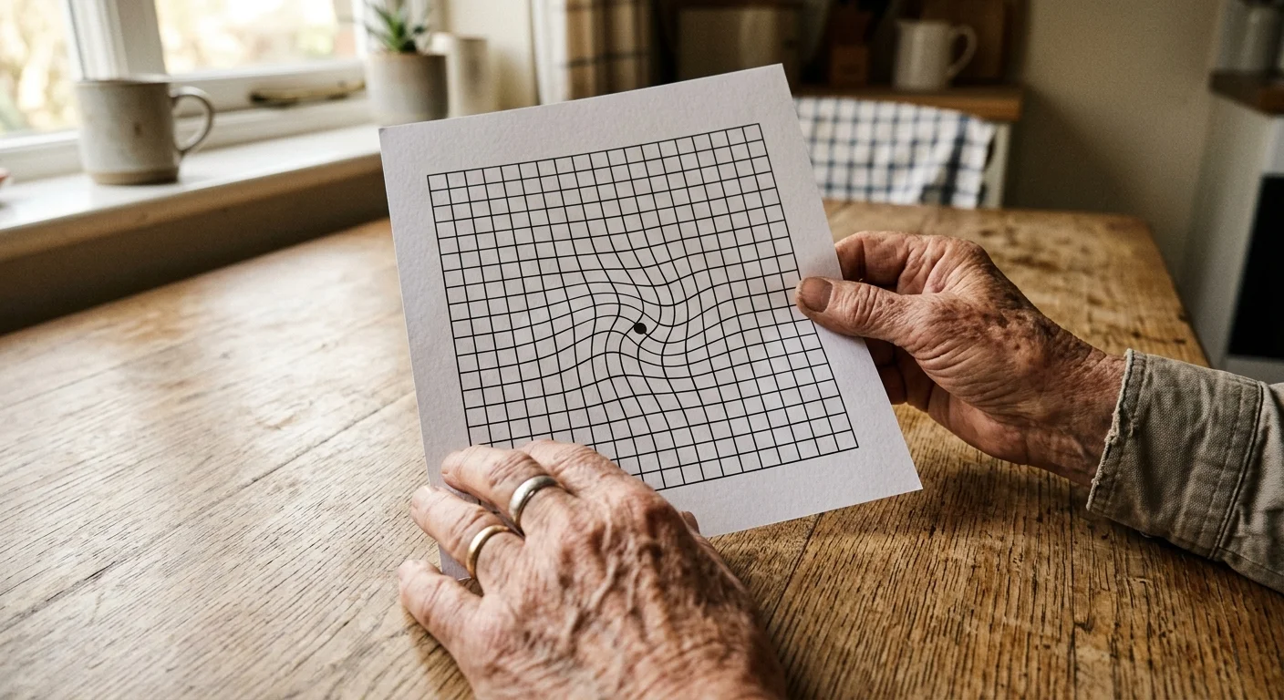 A first-person view of a person holding an Amsler grid test paper on a wooden table, where the black-and-white grid lines appear distorted a