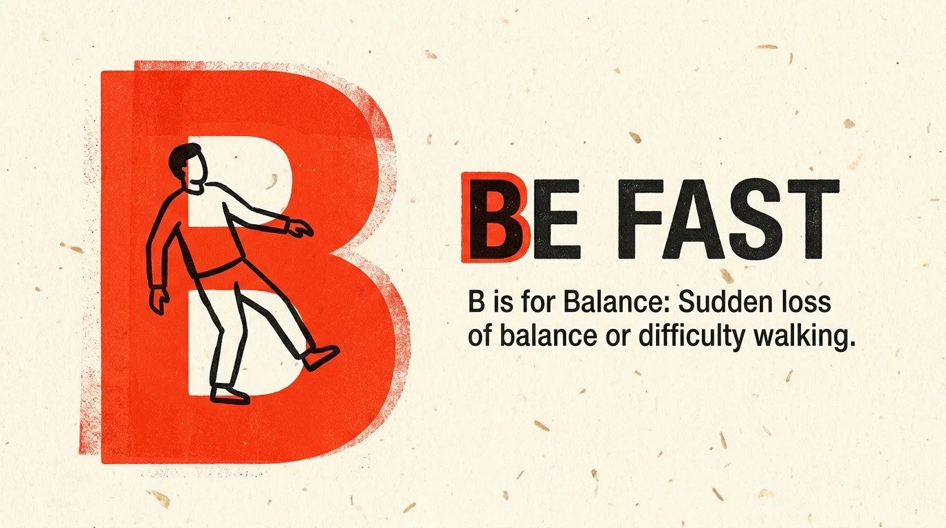 A graphic risograph-style illustration highlighting the letter B in the BE FAST protocol, symbolizing a sudden loss of balance.