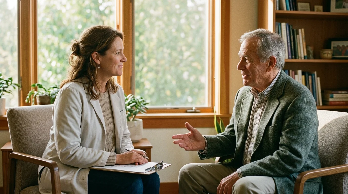 A female doctor in a white coat sits with a clipboard, speaking with an older male patient in armchairs.