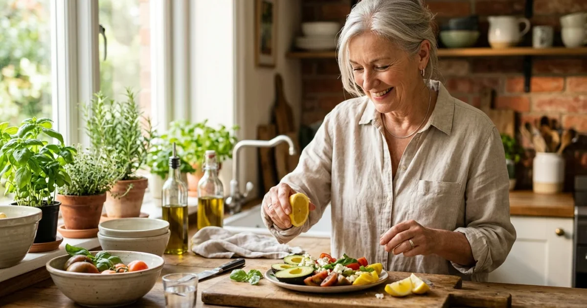 A healthy senior woman preparing a nutritious meal in a sunlit kitchen, representing heart health and active longevity.