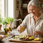 A healthy senior woman preparing a nutritious meal in a sunlit kitchen, representing heart health and active longevity.