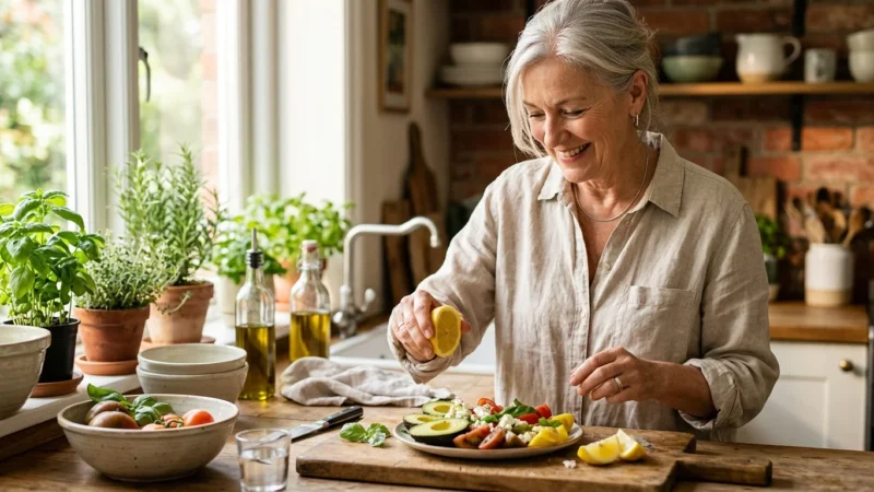 A healthy senior woman preparing a nutritious meal in a sunlit kitchen, representing heart health and active longevity.