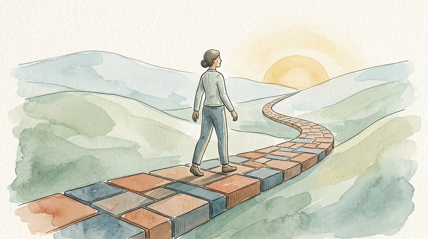 A hopeful watercolor illustration of a figure standing balanced on solid stone blocks, looking toward a rising sun.