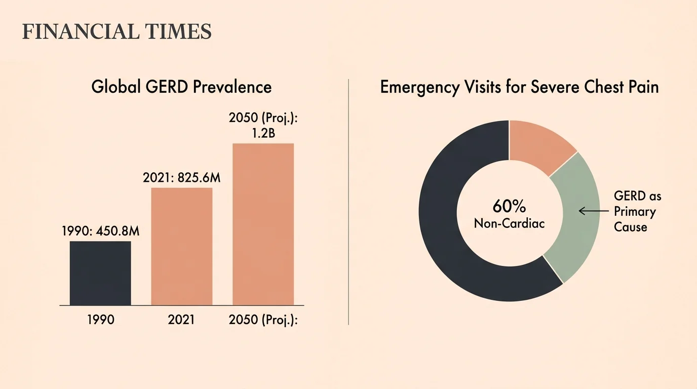 A horizontal bar and donut chart illustrating global GERD prevalence trends and the high rate of non-cardiac chest pain visits.