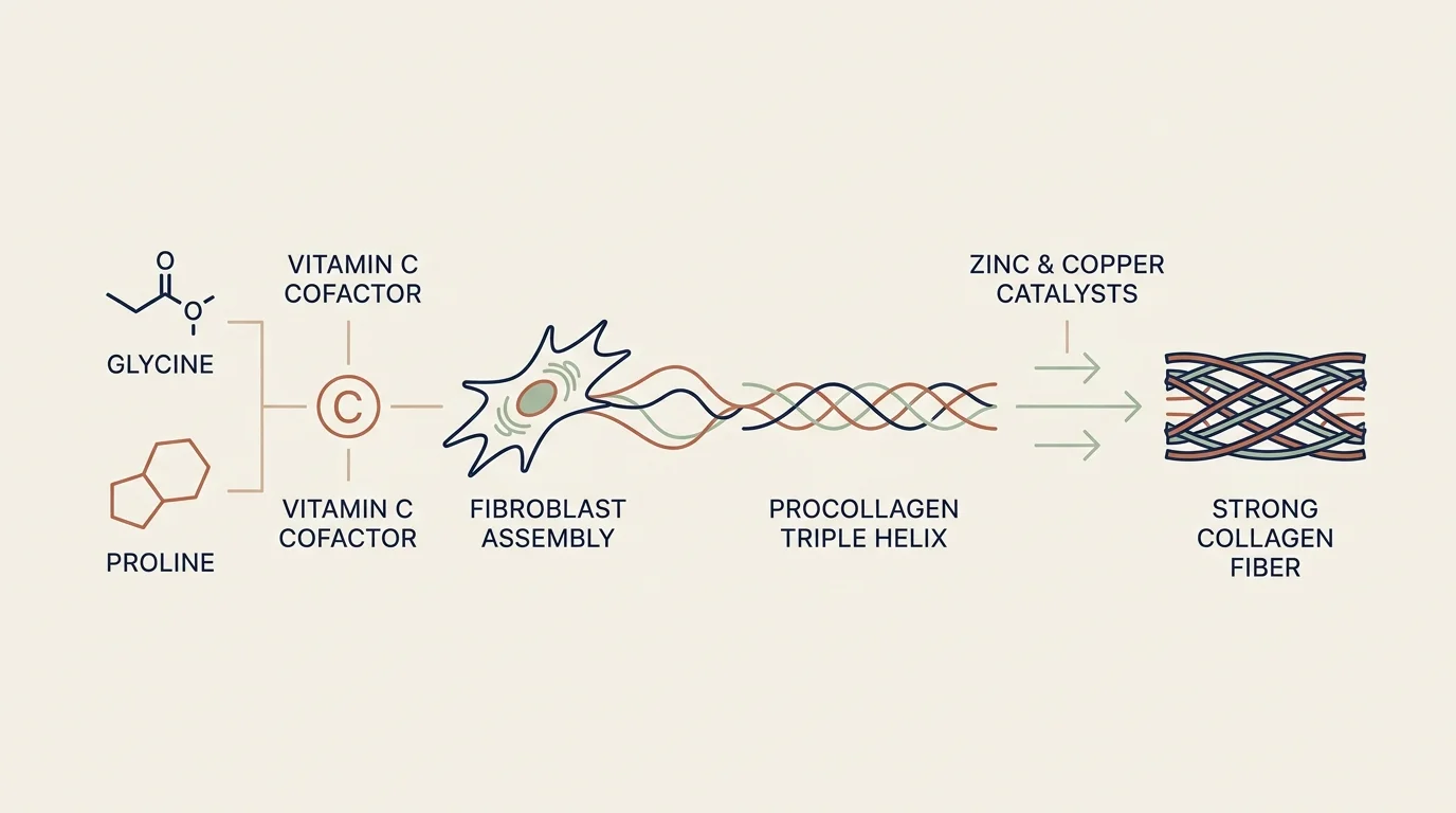 A horizontal diagram showing the steps of collagen synthesis from amino acids to triple helix, including vitamin C and mineral cofactors.