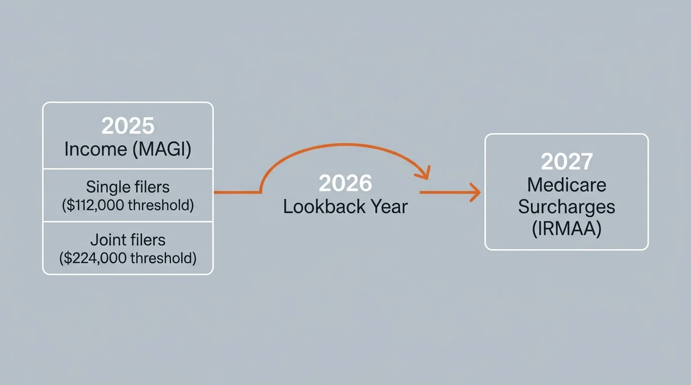 A horizontal timeline diagram illustrating how MAGI thresholds from 2025 determine Medicare surcharge rates in 2027.