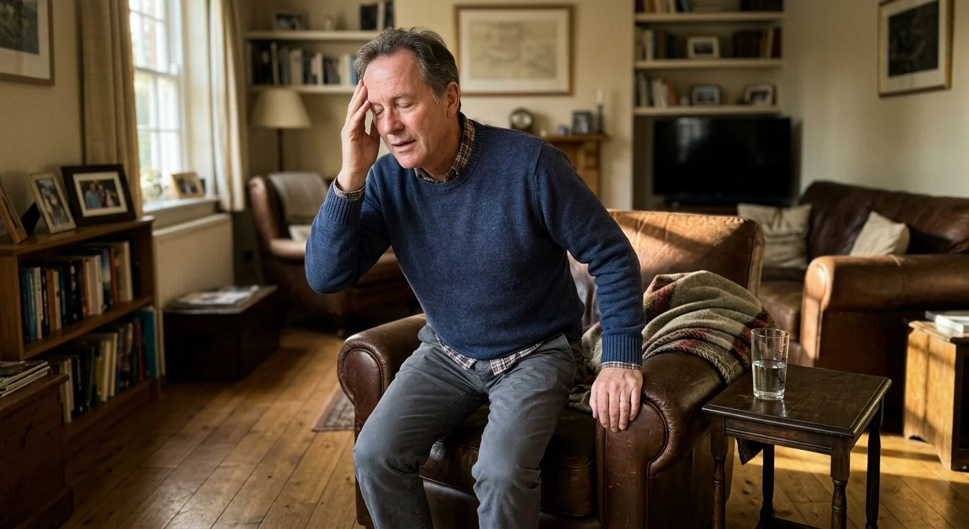 A man momentarily pauses and touches his temple as he stands up from an armchair, illustrating orthostatic hypotension.