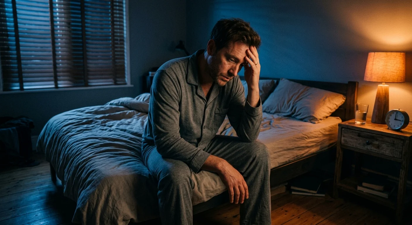 A man sitting on the edge of his bed at night in dim lamplight, looking tired after waking up abruptly.