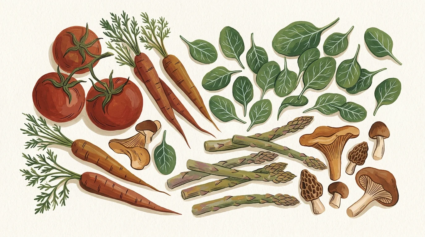 A mid-century gouache illustration of fresh tomatoes, carrots, spinach, asparagus, and mushrooms in warm earth tones on a cream background.