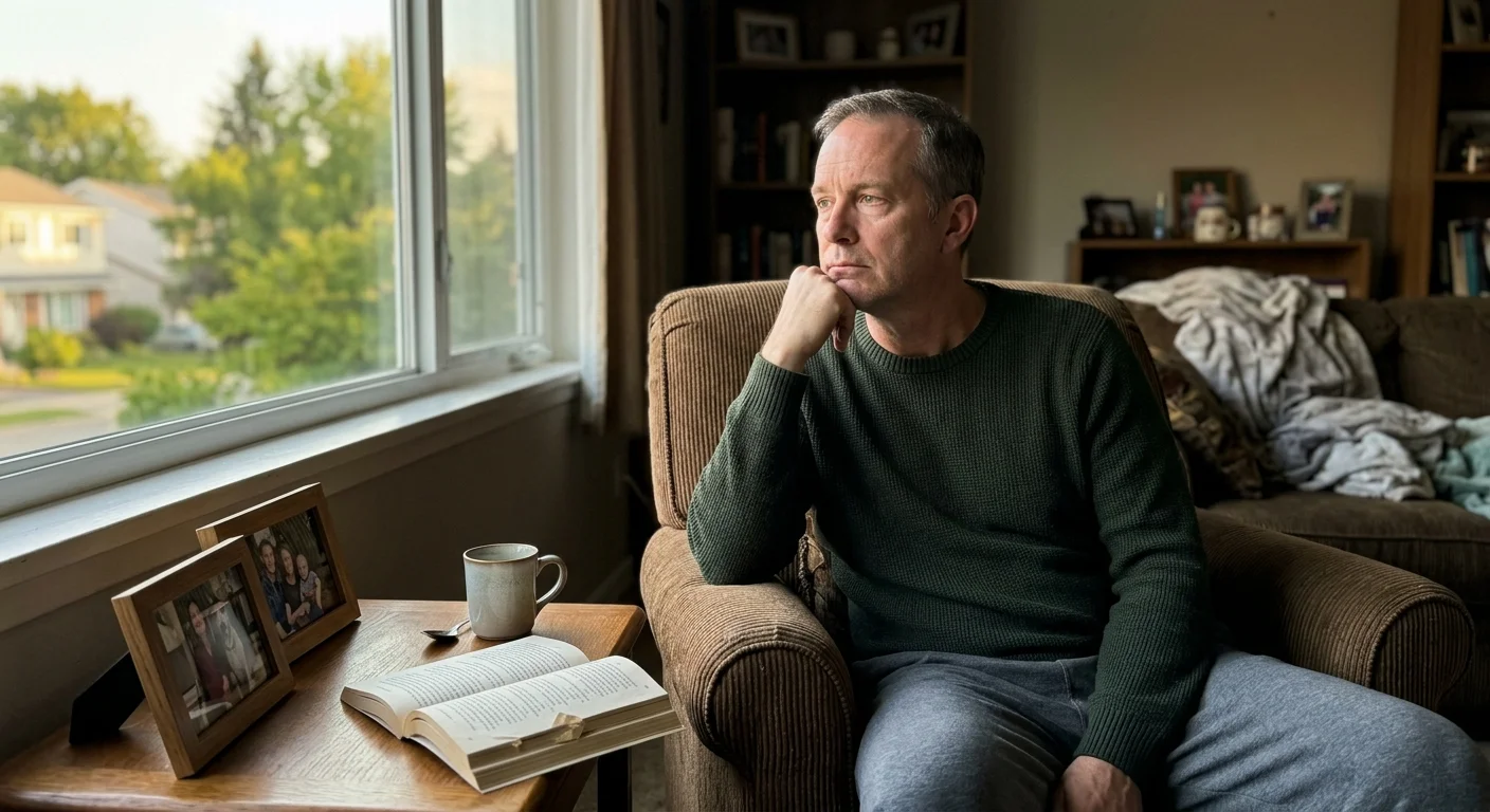 A middle-aged man sits exhausted in an armchair at home during late afternoon, gazing out the window in a realistic snapshot.