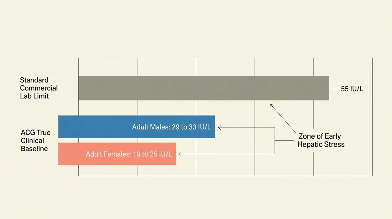 A minimalist horizontal bar chart comparing standard lab limits of 55 IU/L to true clinical baselines for males and females.