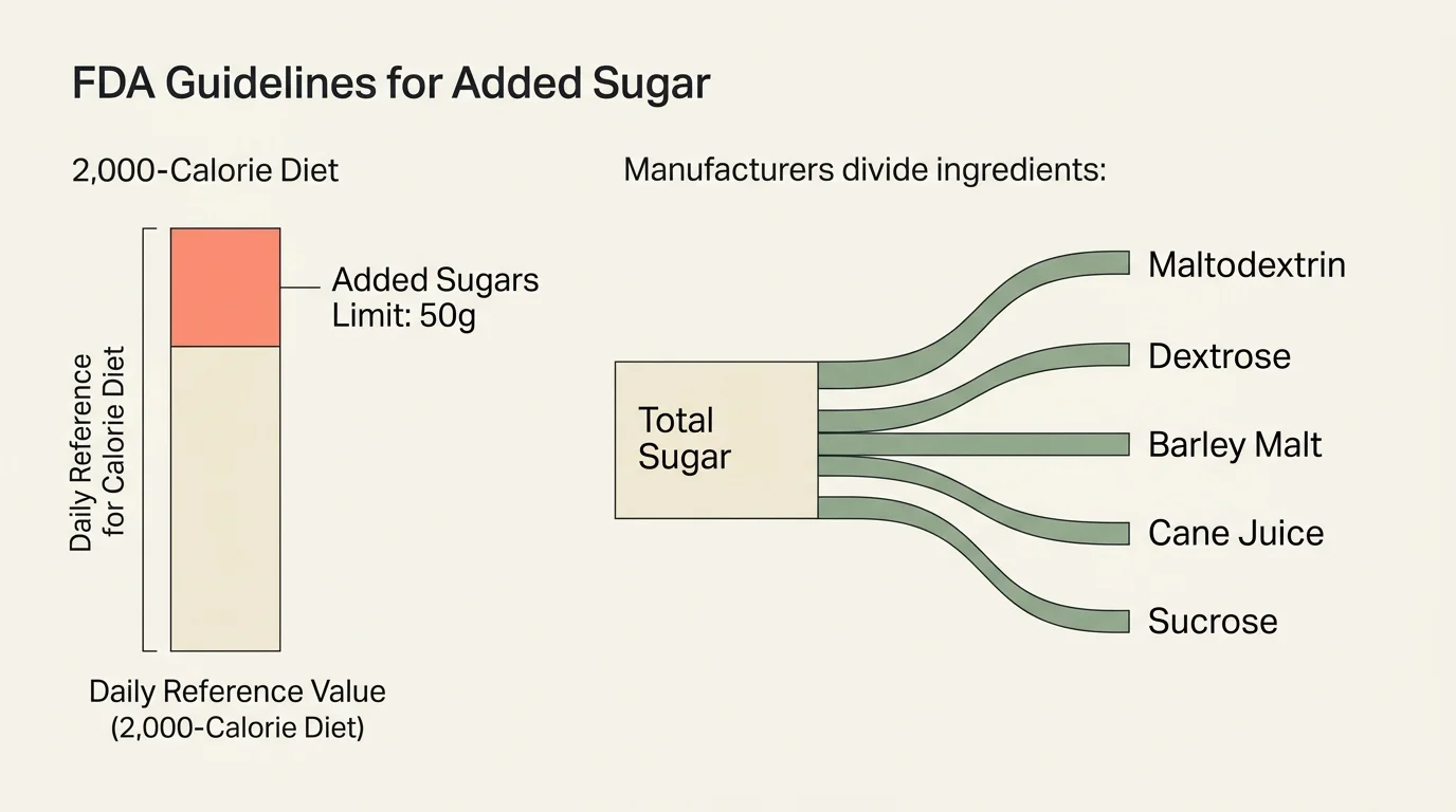 A minimalist horizontal diagram displaying the 50g added sugar limit against a daily 2,000-calorie diet scale.