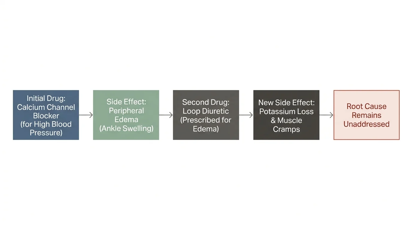 A minimalist horizontal flowchart mapping the prescribing cascade from a blood pressure drug side effect to a diuretic prescription.