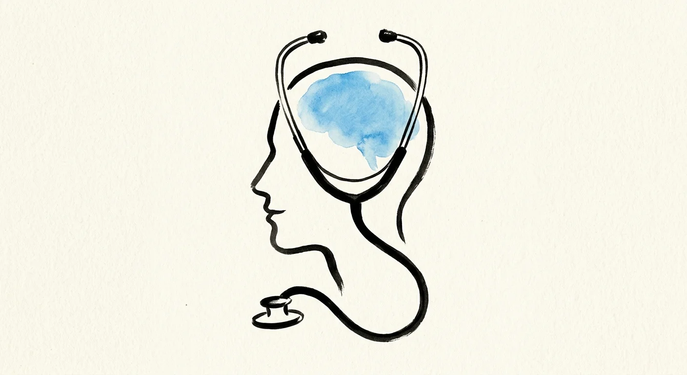 A minimalist ink and watercolor illustration of a stethoscope forming a calm profile, symbolizing expert medical guidance for brain health.