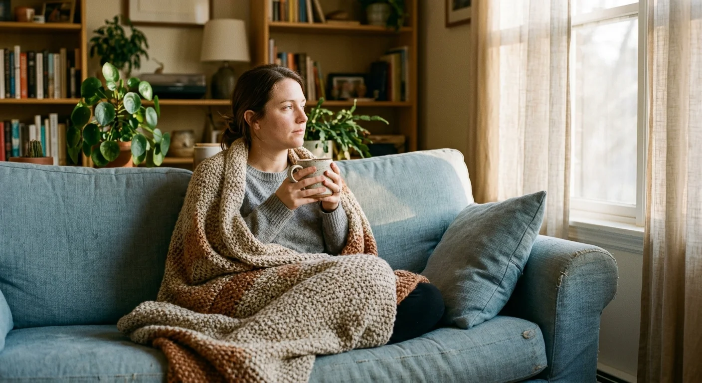 A natural photograph of a woman wrapped in a thick blanket on a sofa, holding a warm mug in a sunlit room.