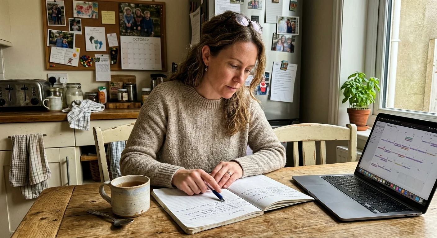 A person at a wooden kitchen table logs headache symptoms in a handwritten journal next to a warm cup of tea.