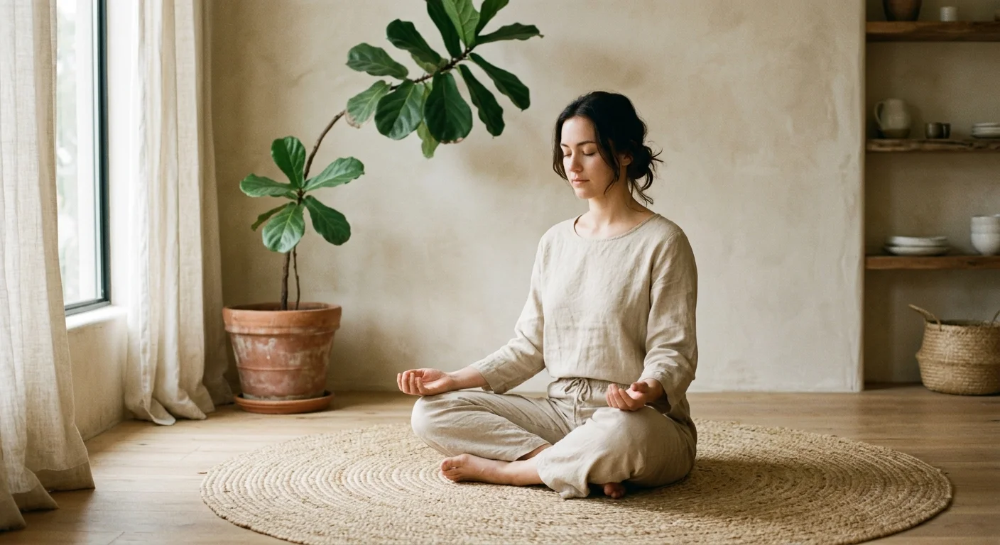 A person in comfortable clothing sitting on a woven mat in a sunlit living room, doing a gentle torso stretch.
