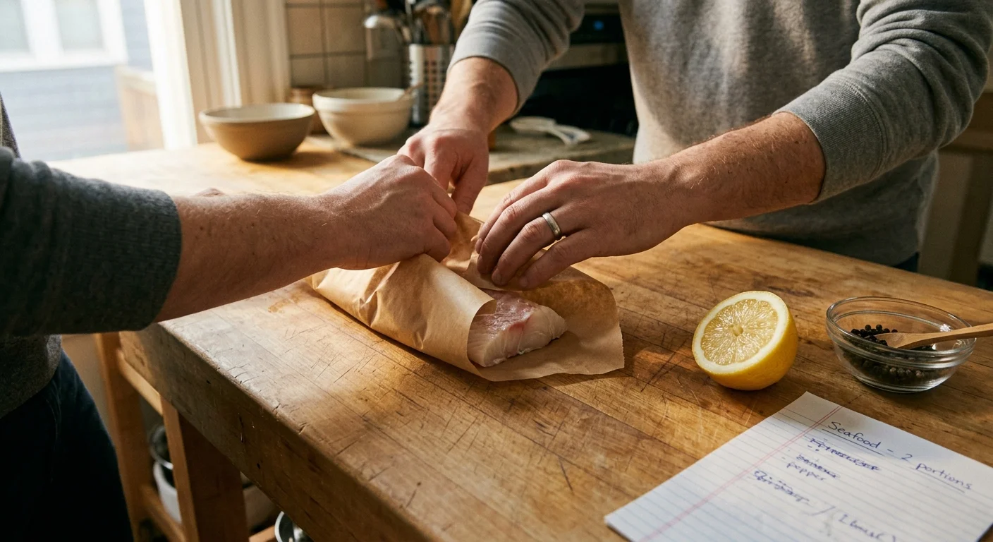 A photograph from a person's perspective wrapping a fresh fish fillet in butcher paper next to a handwritten grocery list in a home kitchen.