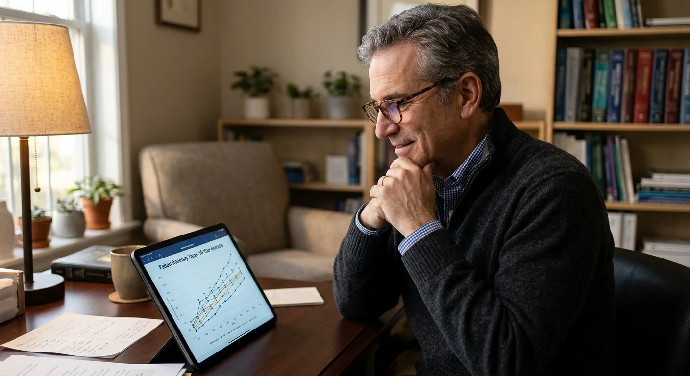 A photograph of a doctor in a knit sweater looking thoughtfully at a tablet screen in a warmly lit, book-filled office.