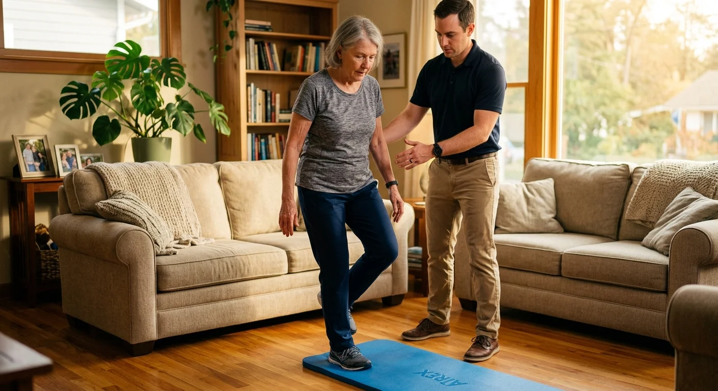 A photograph of an older woman doing a balance exercise on a foam pad with the guidance of a supportive physical therapist in her living roo