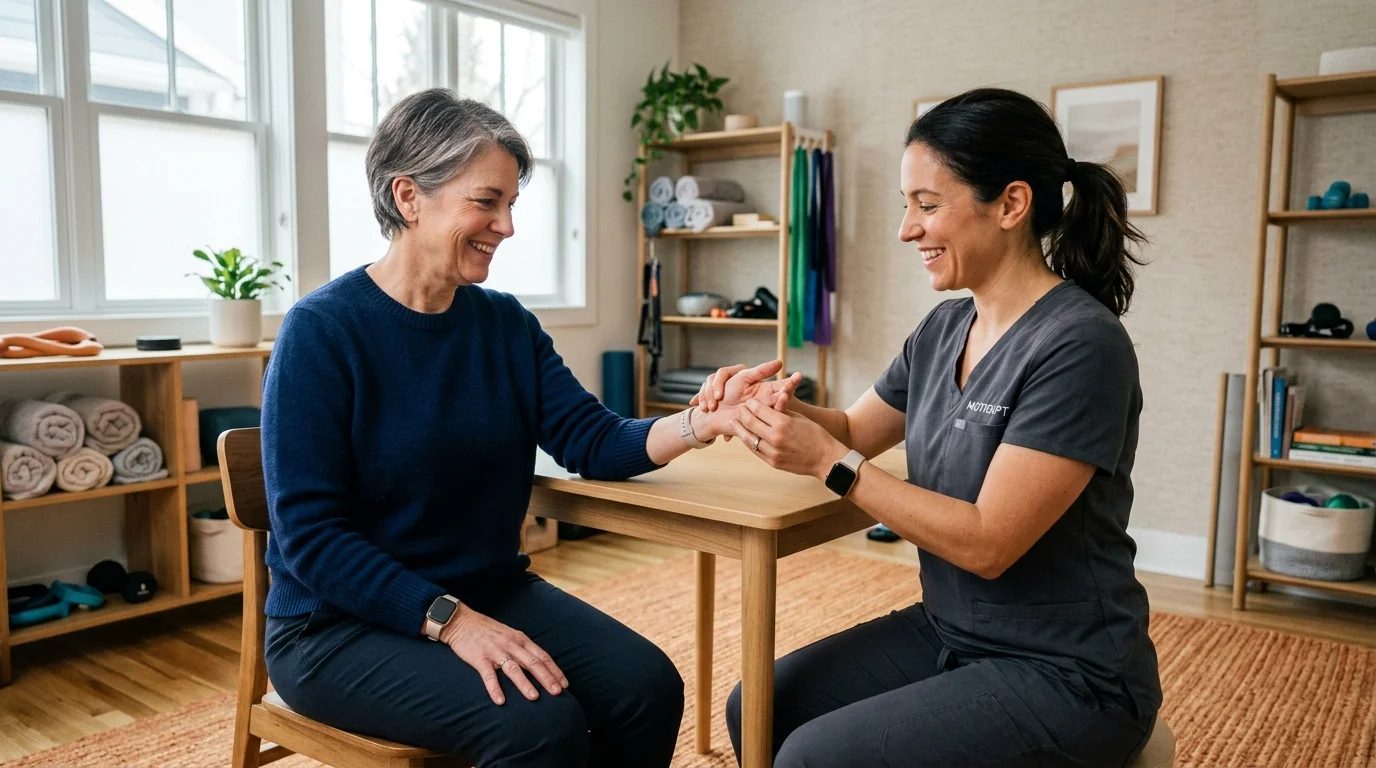 A physical therapist demonstrates a gentle hand exercise to an engaged patient in a warm, sunlit clinic room.