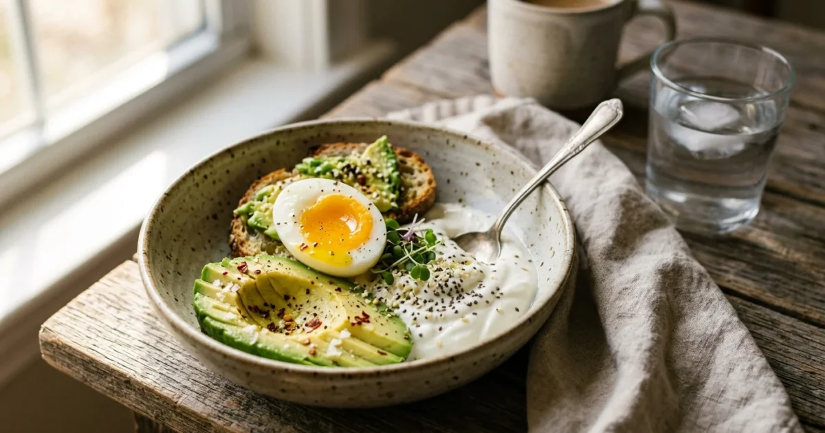A rustic morning bowl with sliced avocado, a soft-boiled egg, and Greek yogurt on a wooden table in soft morning light.