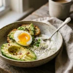 A rustic morning bowl with sliced avocado, a soft-boiled egg, and Greek yogurt on a wooden table in soft morning light.