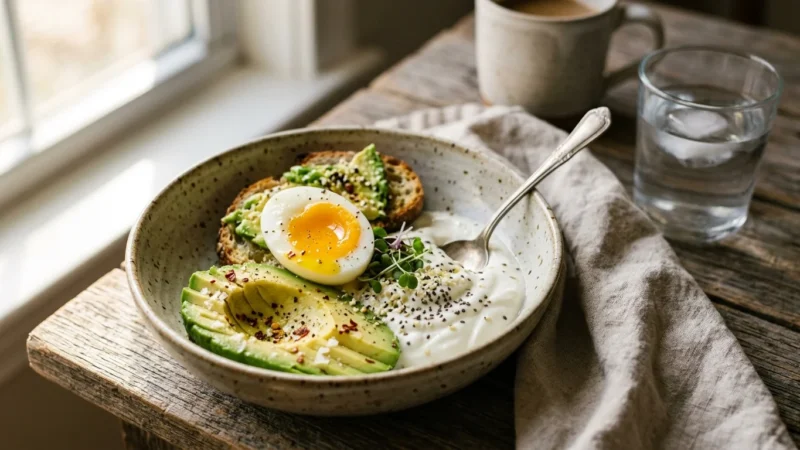 A rustic morning bowl with sliced avocado, a soft-boiled egg, and Greek yogurt on a wooden table in soft morning light.