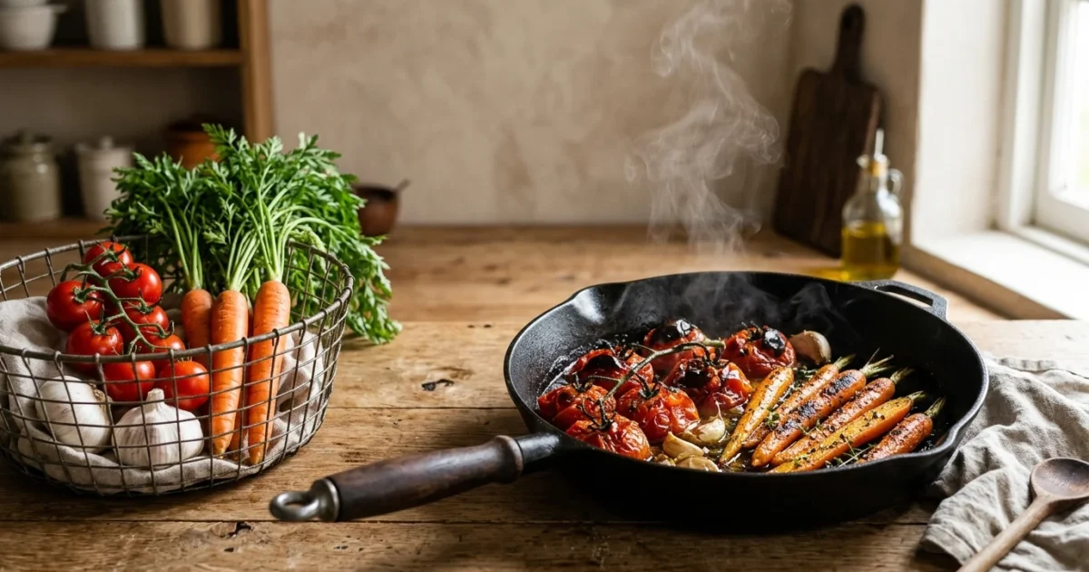 A rustic split-composition photograph showing raw carrots and tomatoes on the left, and a steaming cast-iron pan of cooked ones on the right