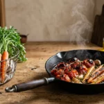 A rustic split-composition photograph showing raw carrots and tomatoes on the left, and a steaming cast-iron pan of cooked ones on the right