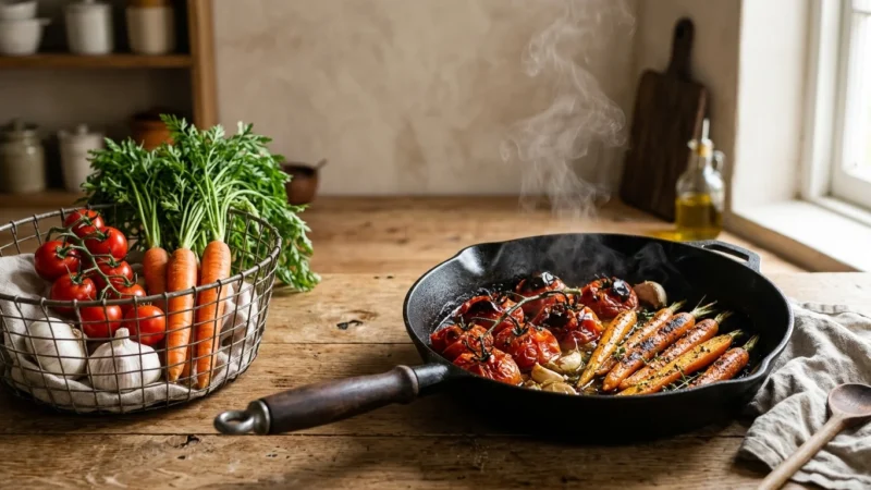A rustic split-composition photograph showing raw carrots and tomatoes on the left, and a steaming cast-iron pan of cooked ones on the right