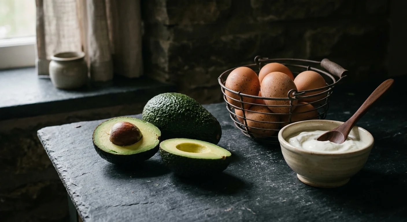 A rustic still-life photo of raw whole avocados, farm eggs in a wire basket, and a bowl of Greek yogurt on a slate counter.