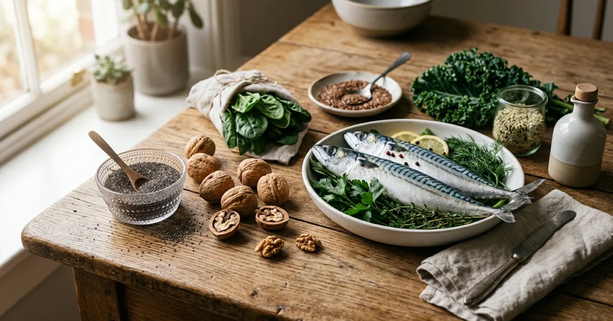A rustic wooden table displaying a bowl of fresh Atlantic mackerel, a small dish of chia seeds, and cracked English walnuts.
