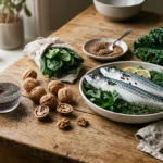 A rustic wooden table displaying a bowl of fresh Atlantic mackerel, a small dish of chia seeds, and cracked English walnuts.