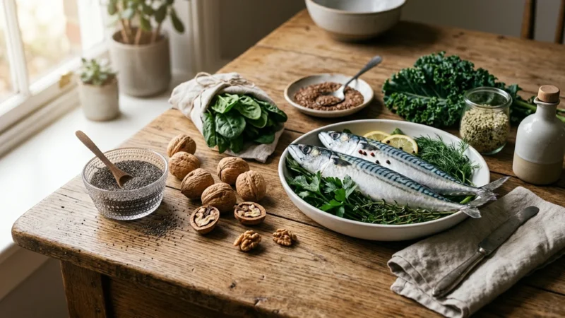 A rustic wooden table displaying a bowl of fresh Atlantic mackerel, a small dish of chia seeds, and cracked English walnuts.