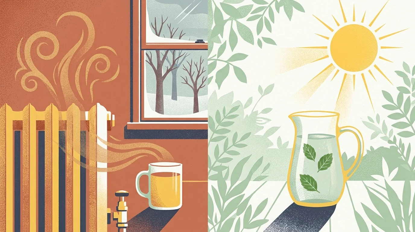 Split illustration of an indoor radiator with a warm mug beside a sunny outdoor scene with a water pitcher.