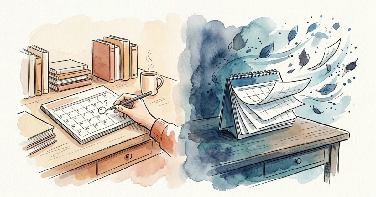 A split-screen watercolor illustration showing a neatly circled calendar date on the left and swirling calendar pages on the right.