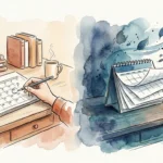 A split-screen watercolor illustration showing a neatly circled calendar date on the left and swirling calendar pages on the right.
