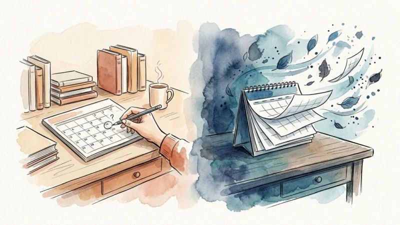 A split-screen watercolor illustration showing a neatly circled calendar date on the left and swirling calendar pages on the right.